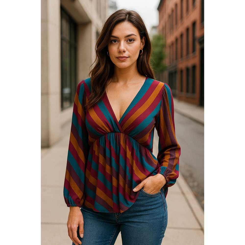 Plenty Tracy‎ Reese Boho Multicolored Striped Tie Back Deep V Top Medium